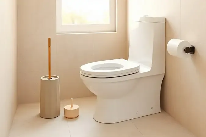 Renderização 3D de vaso sanitário com itens de manutenção em banheiro minimalista bem iluminado