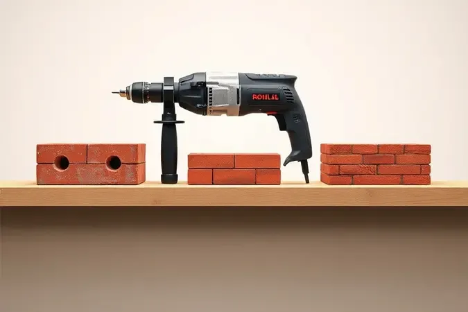 Composição 3D de martelete perfurador ao lado de concreto, tijolo e madeira perfurados, representando custo-benefício.