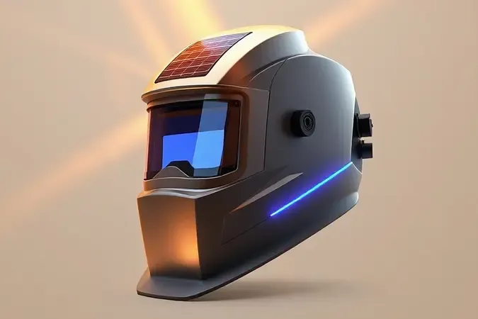 Render 3D de máscara de solda com células solares integradas captando luz para carregamento inteligente