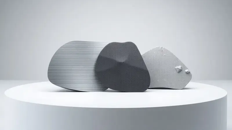 Renderização 3D conceitual de materiais utilizados na fabricação de discos de serra como aço, metal duro e diamante
