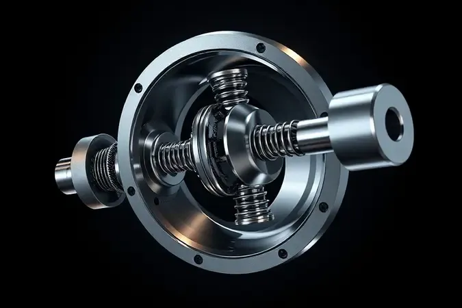 Vista explodida conceitual de mecanismo interno de parafusadeira de impacto com componentes metálicos de precisão em render 3D.