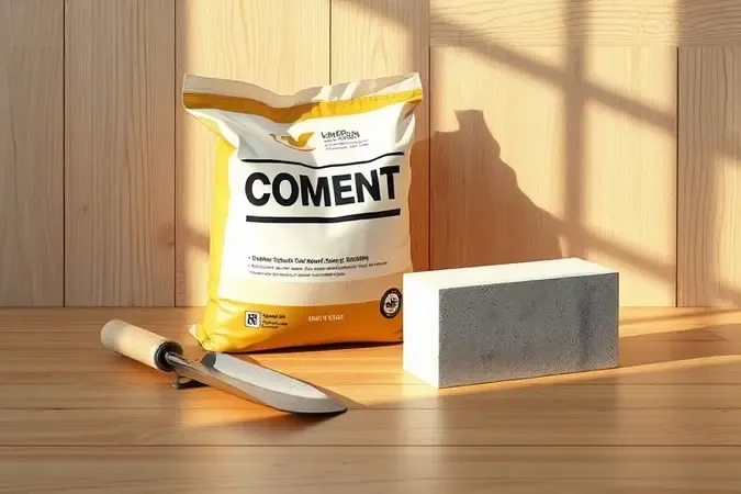 Composição conceitual 3D de materiais para obra com cimento e ferramentas em iluminação natural.