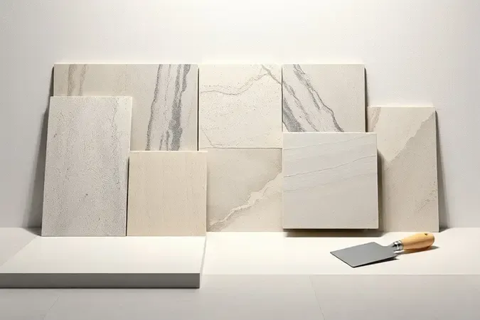 Render 3D conceitual com amostras de revestimentos e argamassa, ilustrando o ranking das melhores argamassas Fortaleza disponíveis no mercado.