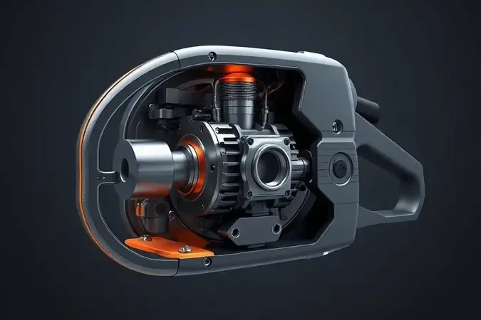 Motor de motosserra com carcaça semitransparente revelando pistão, cilindro e virabrequim em renderização 3D conceitual.