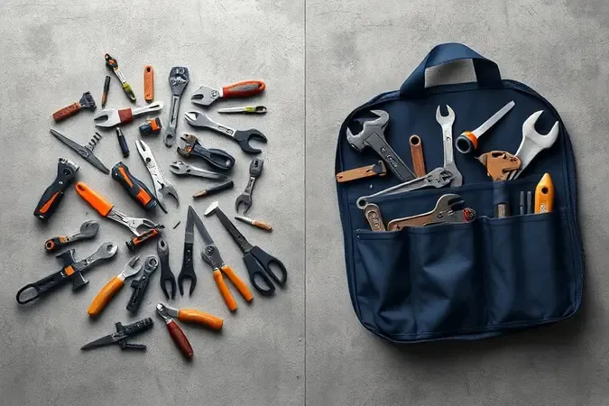 Renderização 3D conceitual comparando ferramentas desorganizadas com ferramentas organizadas dentro de bolsa profissional