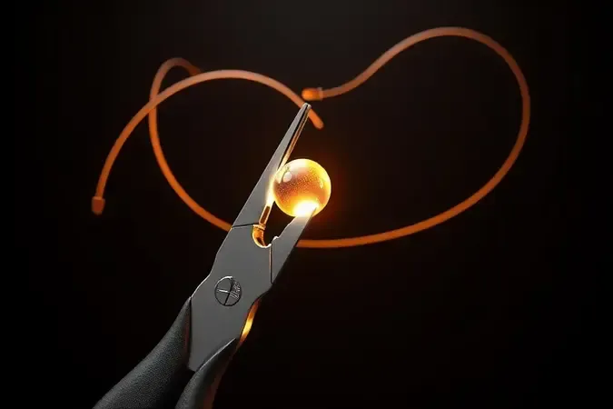 Render 3D conceitual de alicate de bico segurando esfera luminosa, simbolizando precisão e versatilidade em trabalhos manuais.