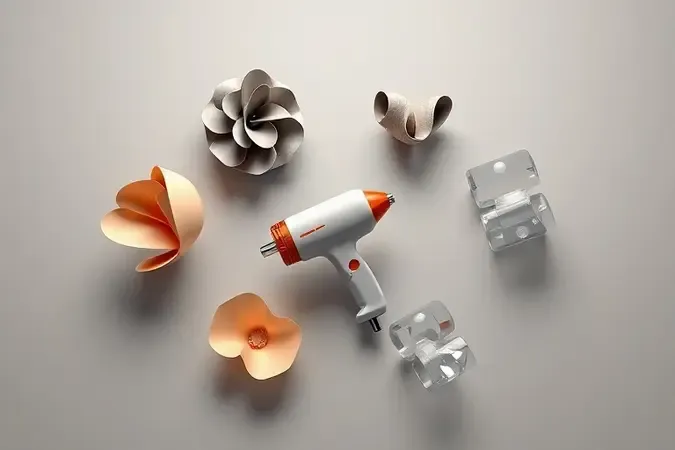 Render 3D conceitual ilustrando aplicações de um soprador térmico como remoção de tinta e solda plástica