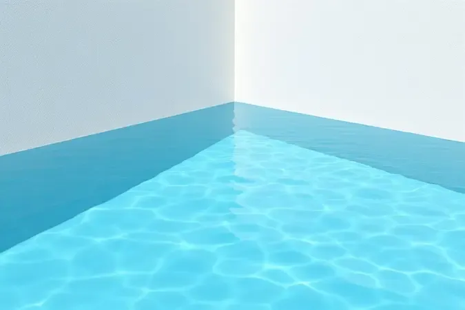 Render 3D de piscina de alvenaria finalizada com água turquesa cristalina tocando superfície impermeabilizada impecável e lisa.
