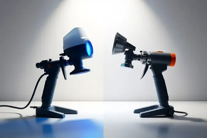 Renderização 3D conceitual comparando silhuetas de pistola de pintura elétrica e a ar comprimido lado a lado.