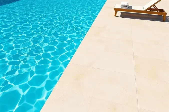 Render 3D de área de piscina com porcelanato antiderrapante na borda, água cristalina e lounger minimalista ao fundo.