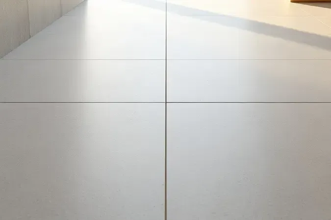 Detalhe conceitual 3D de porcelanato retificado com bordas precisas e junta mínima.