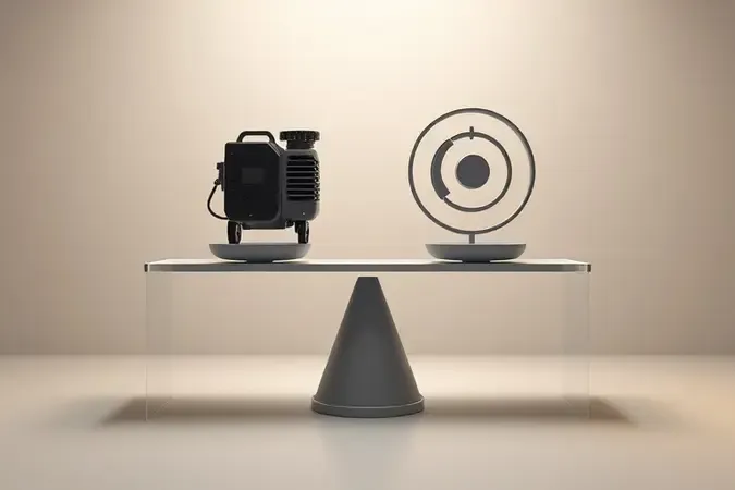 Conceito de equilíbrio entre portabilidade e potência em compressores de ar com balança e design minimalista 3D