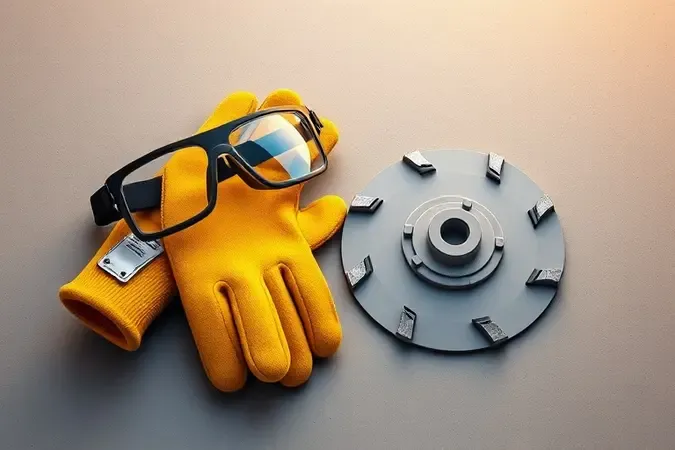 Equipamentos de segurança para perfuração de concreto: óculos de proteção e luvas ao lado de broca em render 3D.