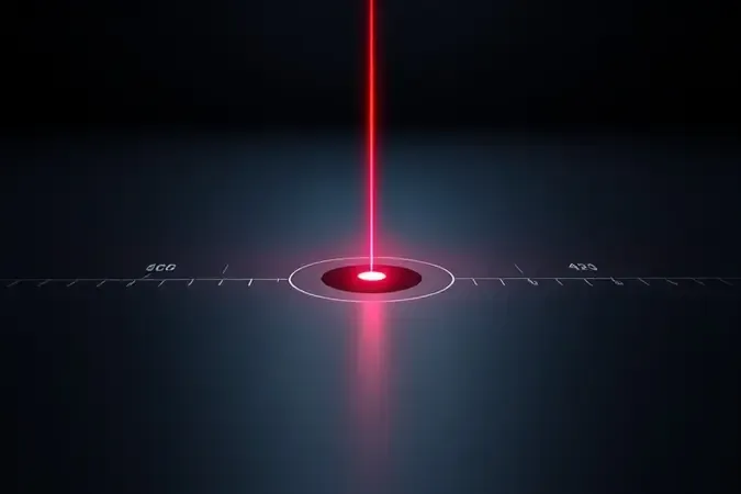 Close-up 3D conceitual de ponto laser vermelho atingindo marcação precisa em superfície limpa com guias de alinhamento geométricos