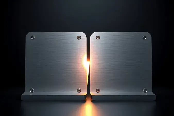 Renderização 3D mostrando arco elétrico entre duas placas metálicas ilustrando princípio da soldagem