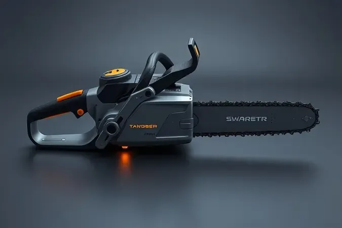 Motosserra conceitual moderna com elementos tecnológicos em renderização 3D profissional e design sofisticado