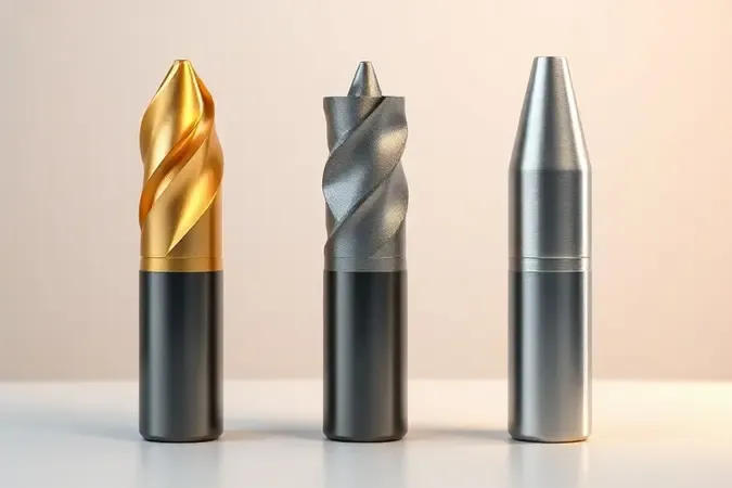 Render 3D conceitual de brocas com diferentes tipos de revestimento metálico sob iluminação de estúdio.