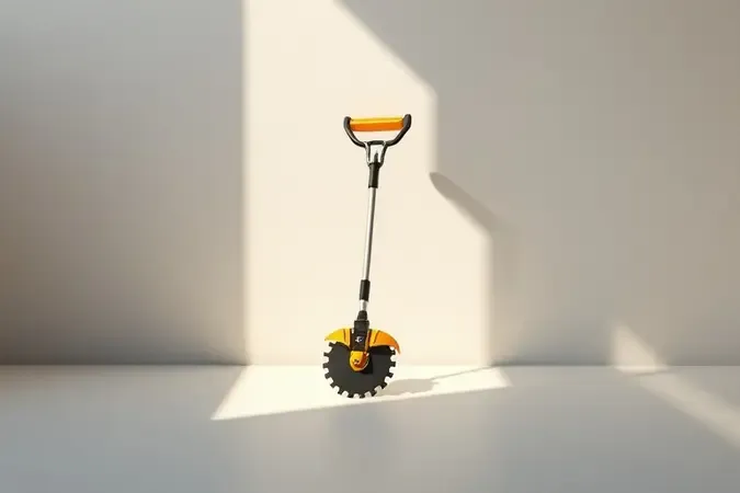 Render 3D de roçadeira conceitual sem marca em superfície limpa com iluminação natural suave, ambiente sofisticado para decisão de compra.