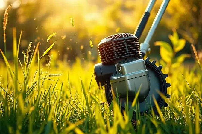Cena conceitual 3D de roçadeira a gasolina em ação cortando grama alta em ambiente externo com iluminação solar.