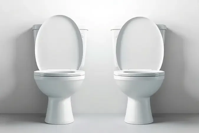 Tipos de saída de vaso sanitário vertical e horizontal em render conceitual com corte técnico mostrando conexões.