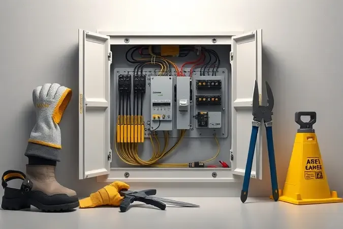 Render 3D conceitual sobre segurança em instalações elétricas com ferramentas isoladas e quadro de distribuição.