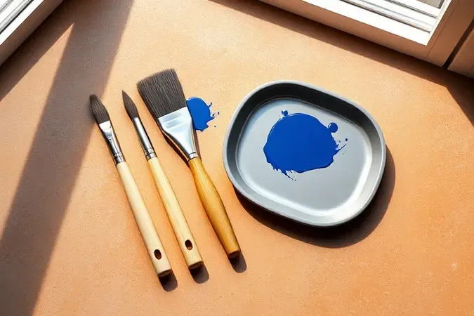 Seleção conceitual de pincéis e rolos de pintura em renderização 3D com iluminação natural suave e superfícies limpas.