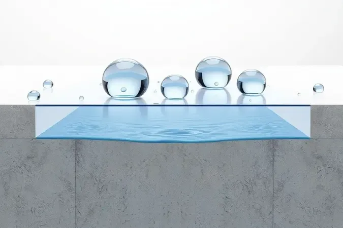 Representação conceitual 3D de superfície protegida com impermeabilizante repelindo gotas de água