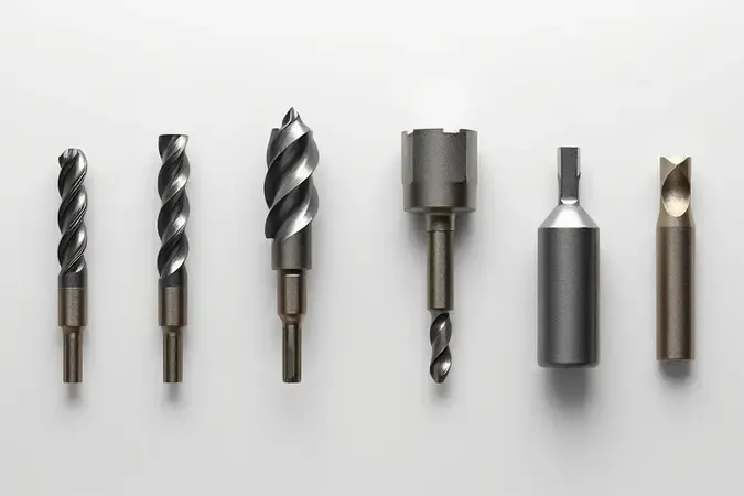 Render 3D conceitual mostrando diferentes tipos de brocas organizadas lado a lado.