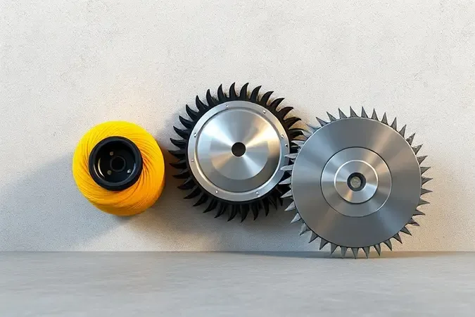 Renderização 3D mostrando três tipos diferentes de cabeçotes de roçadeira: carretel de fio de nylon, lâmina e disco de corte metálico.