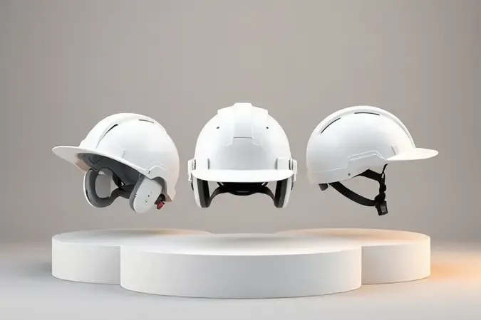 Render 3D de três tipos diferentes de capacetes de segurança lado a lado sobre pedestal clean com iluminação suave