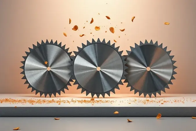 Renderização 3D conceitual de diferentes tipos de discos de corte para madeira com silhuetas e geometrias de dentes variadas