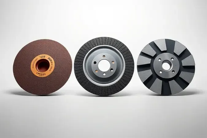 Render 3D conceitual com três tipos diferentes de discos de desbaste lado a lado sobre superfície minimalista.