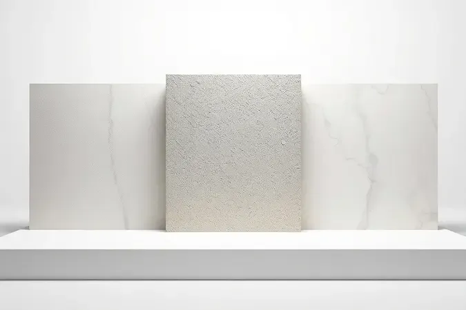 Três tipos de impermeabilizantes para banheiro representados como blocos 3D com diferentes texturas e acabamentos