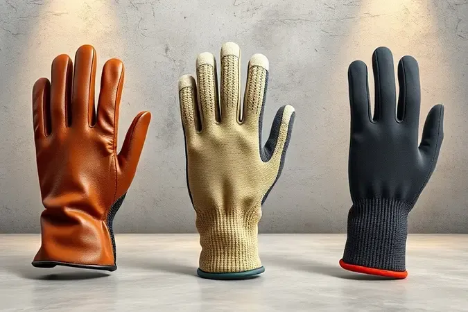 Diferentes tipos de luvas de trabalho sem marca em renderização 3D conceitual para comparação de materiais e proteção.