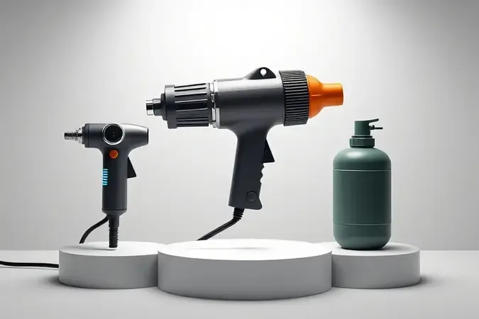 Render 3D conceitual comparando três tipos de sopradores térmicos: elétrico, industrial e a gás em composição minimalista