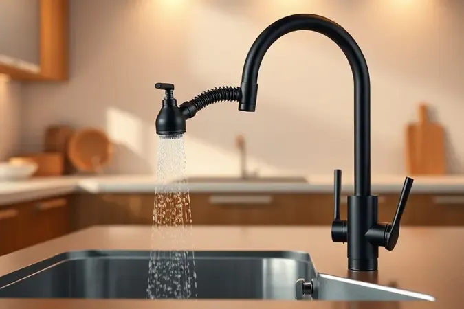 Torneira gourmet flexível com ducha extensível em renderização 3D sobre cuba de cozinha profunda