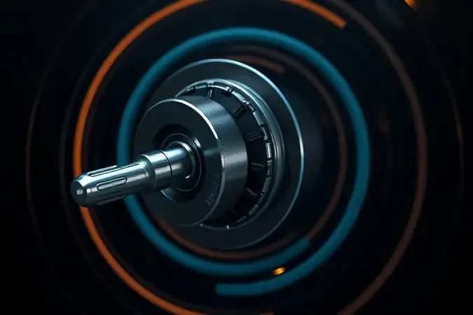 Render 3D conceitual de torque e potência com mandril girando e efeitos dinâmicos de força rotacional.