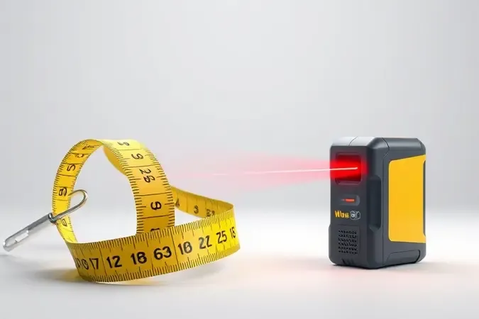 Comparação conceitual entre trena tradicional amarela e dispositivo laser moderno com feixe de luz vermelha