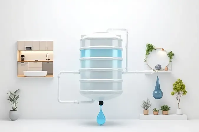 Render 3D conceitual mostrando aplicações e usos de caixas d'água em ambientes residenciais com iluminação profissional.
