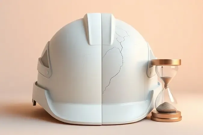 Render 3D conceitual de capacete de segurança dividido entre conservado e desgastado com ampulheta simbolizando vida útil
